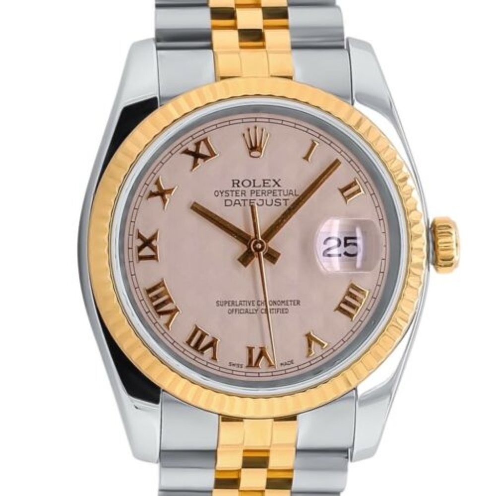 ROLEX DATEJUST CREAM PYRAMID ROMAN DIAL 18K GOLD & STEEL FLUTED JUBILEE 116233